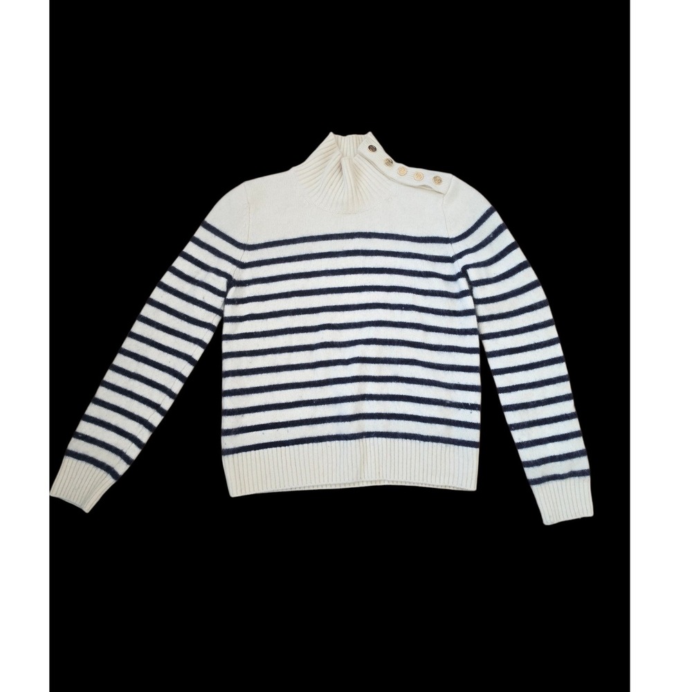 MAJE Cashmere White Blue Stripes Marine Old Money Gold Shoulder Snaps Sweater 2
